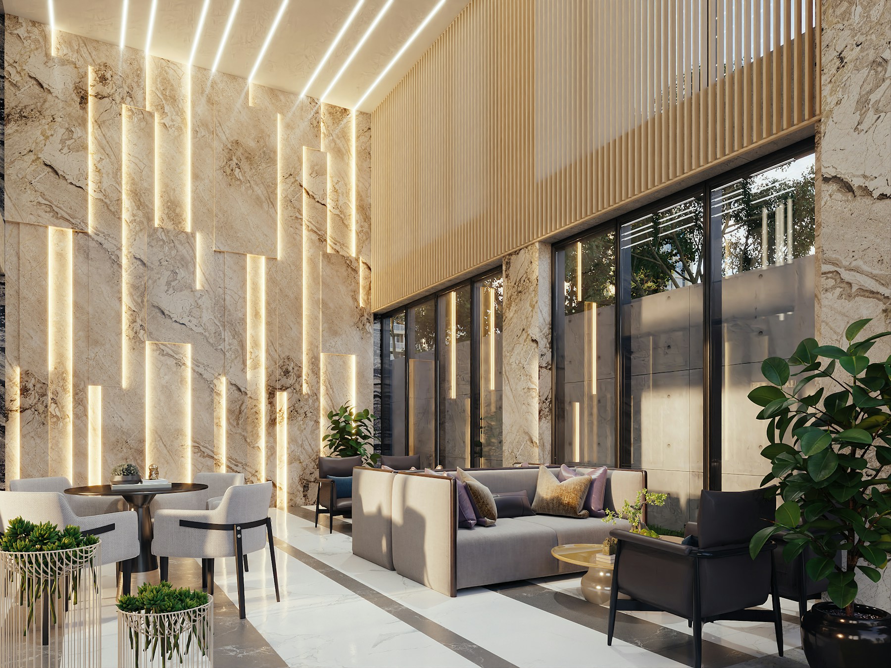 Hotel lounge in warm evening light